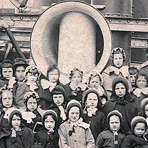 Half the girls’ migration party on the deck of the Allan Line, SS Siberian June 13th 1885
