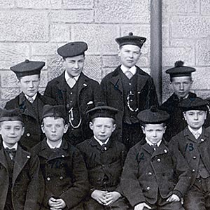 The boys of Cottage 4, 'Dumbartonshire Home', accompanied by Mr McMurray.  Most would soon be sailing for Canada